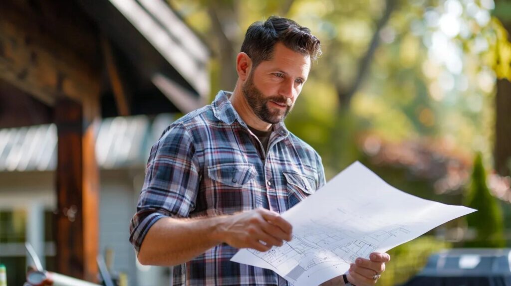 Licensed outdoor contractor discussing project plans with homeowner in a professional setting