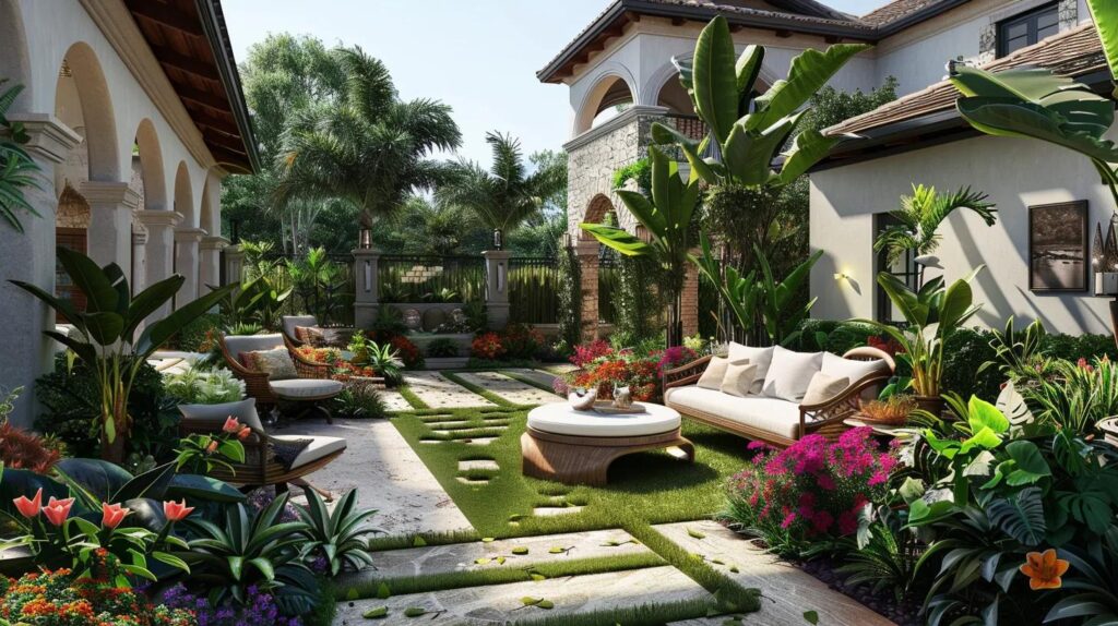 Luxurious outdoor living space in Florida with vibrant landscaping and elegant hardscaping