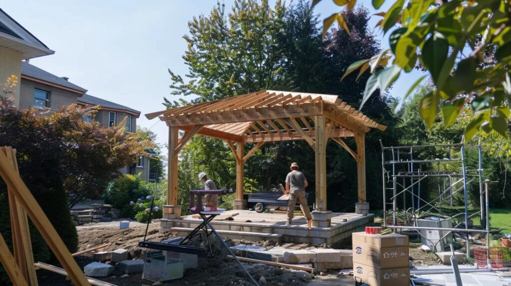 Skilled craftsmen installing a custom pergola, illustrating the professional installation process and attention to detail