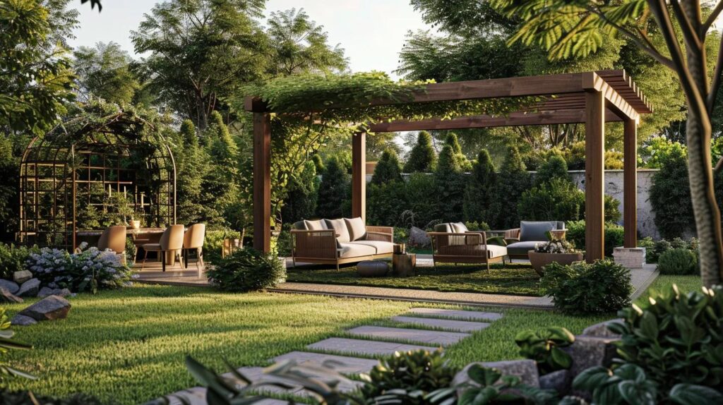 Luxurious custom pergola and gazebo in a lush outdoor setting, emphasizing bespoke design and artisanal craftsmanship