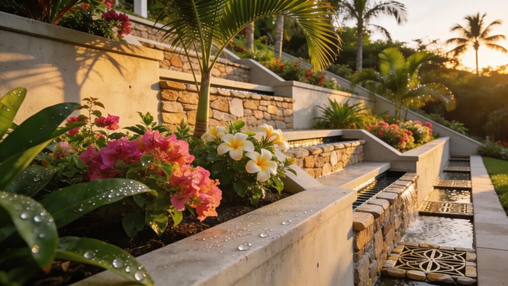 Engineered retaining wall in a landscaped sloped Florida property emphasizing luxury design and effective drainage