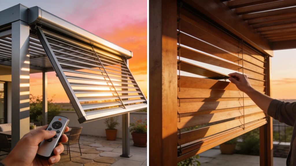 Comparison of motorized and manual louvered pergolas in a stylish outdoor setting