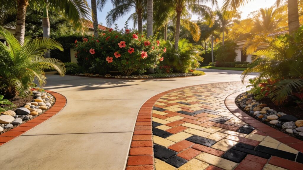 Luxury outdoor driveways in Florida featuring concrete and paver installations surrounded by tropical landscaping