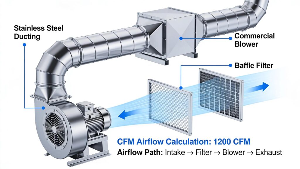 Technical depiction of CFM airflow calculations for outdoor kitchen vent hoods with stainless steel ducting and blowers.