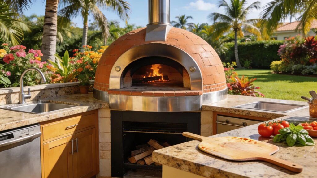 Luxurious outdoor pizza oven setup featuring a wood-fired oven in a tropical Florida backyard