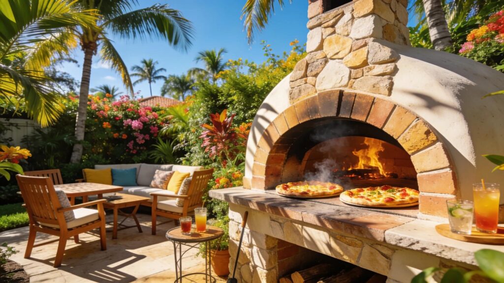 Outdoor pizza oven in a Florida backyard with lush greenery and sunny ambiance