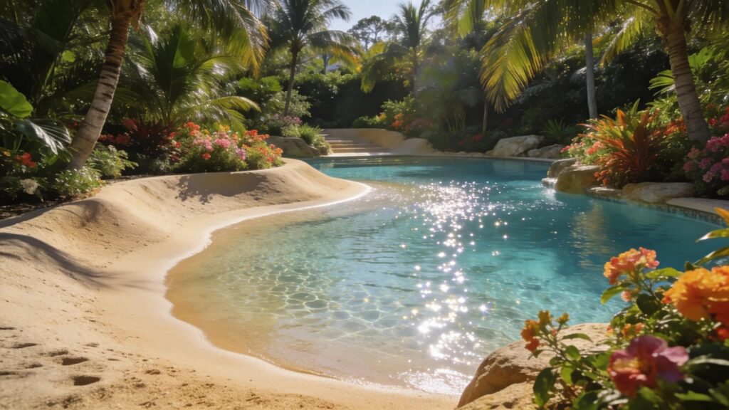 Luxurious beach-entry sand pool in Florida demonstrating biodesign principles and natural integration