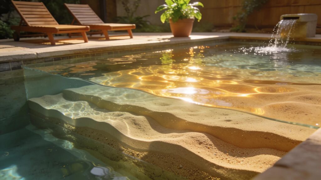Illustration of sand layers in a biodesign pool demonstrating thermal mass and heat retention