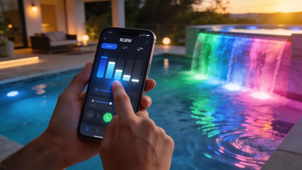User adjusting smart RGBW pool lighting via smartphone app in a luxurious backyard setting