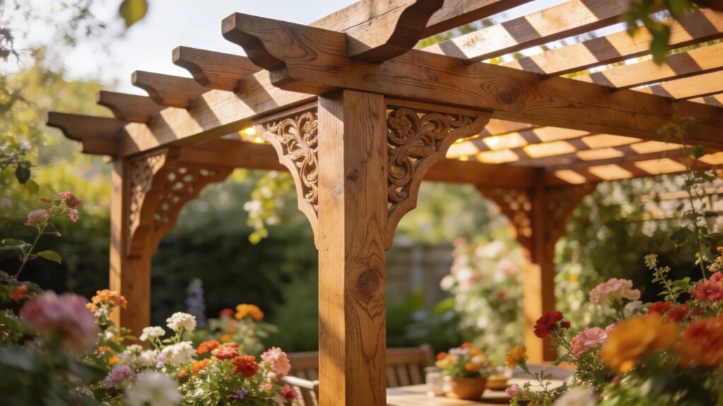 Aesthetic appeal of a wooden pergola surrounded by a vibrant garden