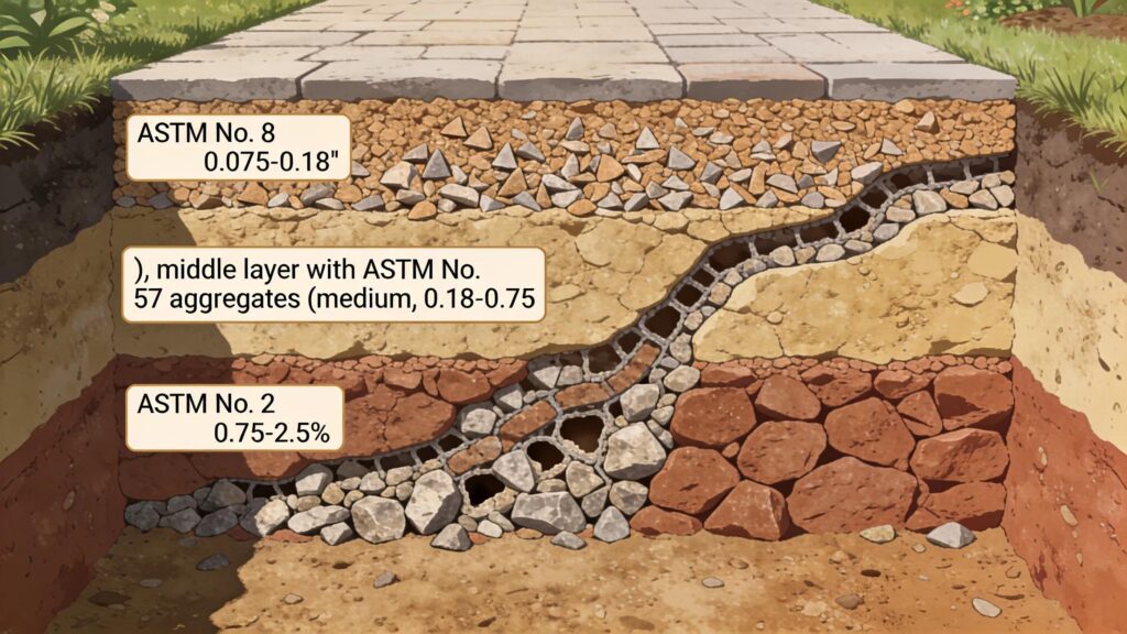 Cross-sectional view of multi-layer open-graded aggregate base for effective stormwater management in permeable driveways