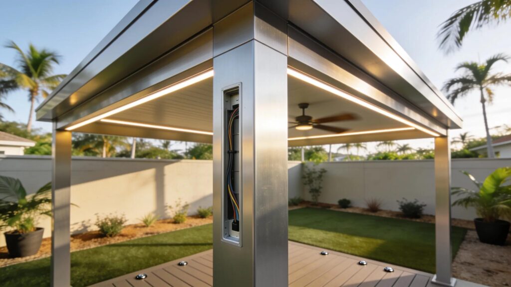 Sleek extruded aluminum pavilion in a Florida backyard, showcasing its low-maintenance benefits and modern design.