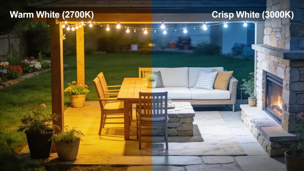Comparison of warm and crisp white outdoor lighting in a Florida backyard setting