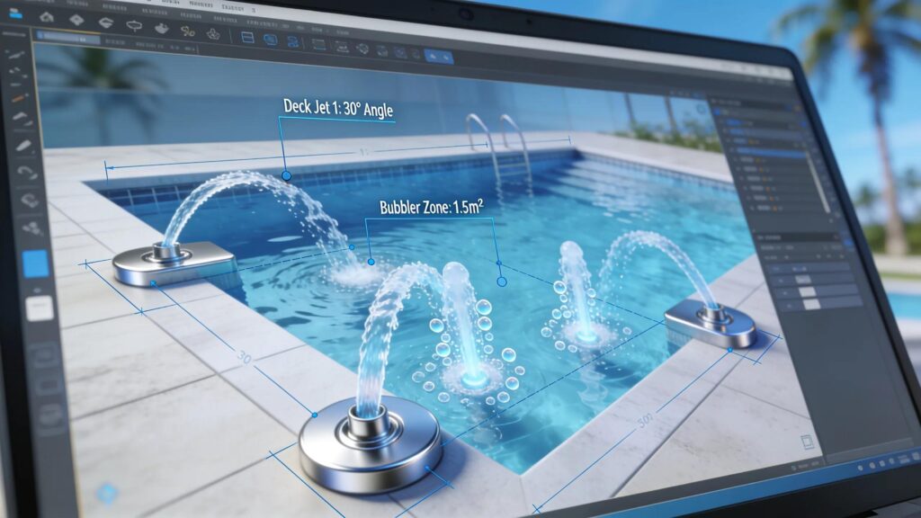 3D design interface of custom swimming pool features, highlighting advanced technology in luxury pool construction
