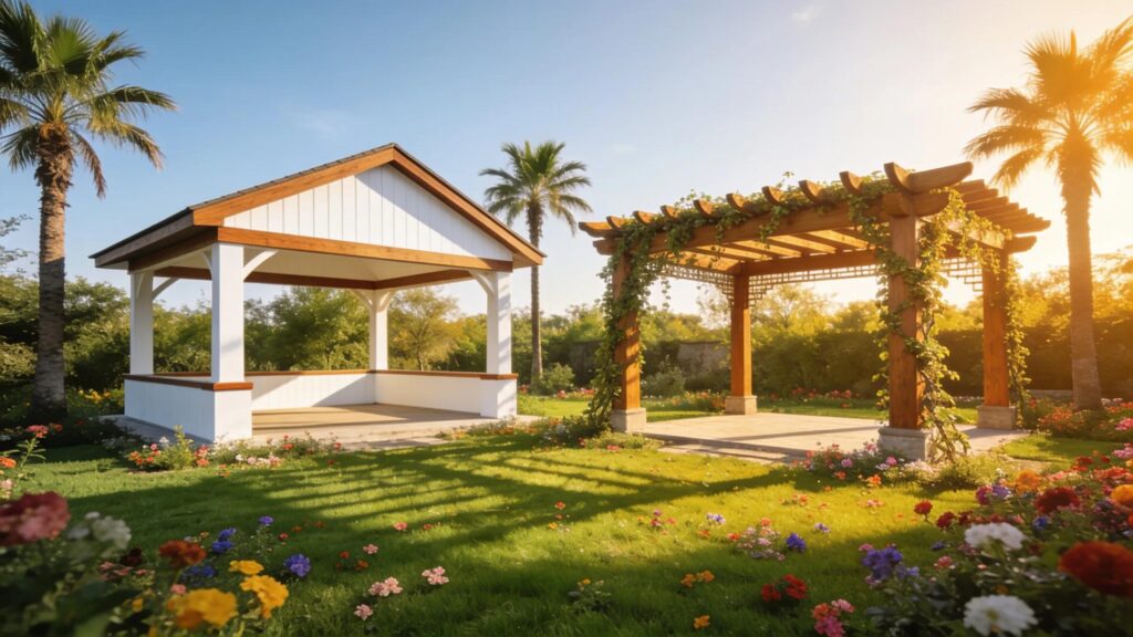 Comparison of an insulated solid-roof pavilion and a pergola in a sunny Florida outdoor setting
