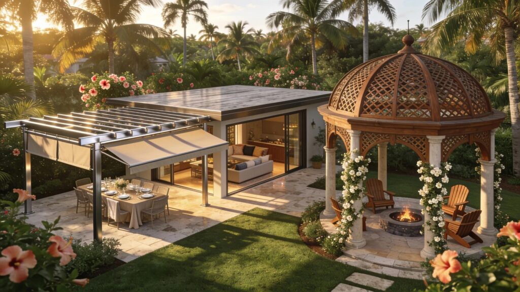 Custom luxury pergola, pavilion, and gazebo in a beautifully landscaped Florida setting