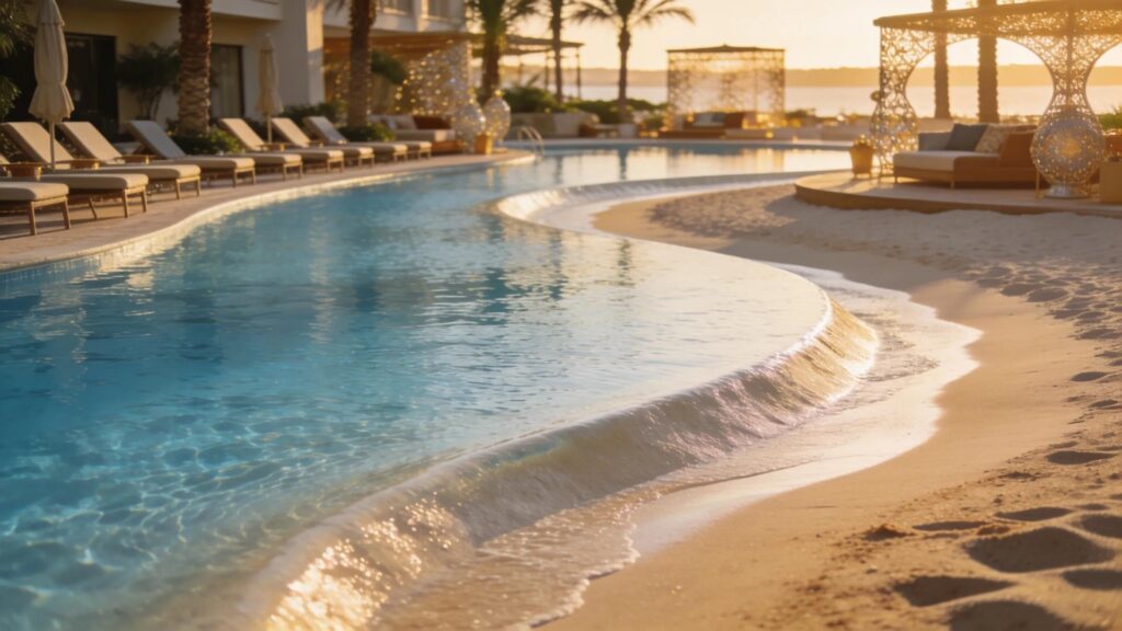 Zero-entry beach entry pool designed for luxury outdoor living, complete with sandy shore and lounge areas