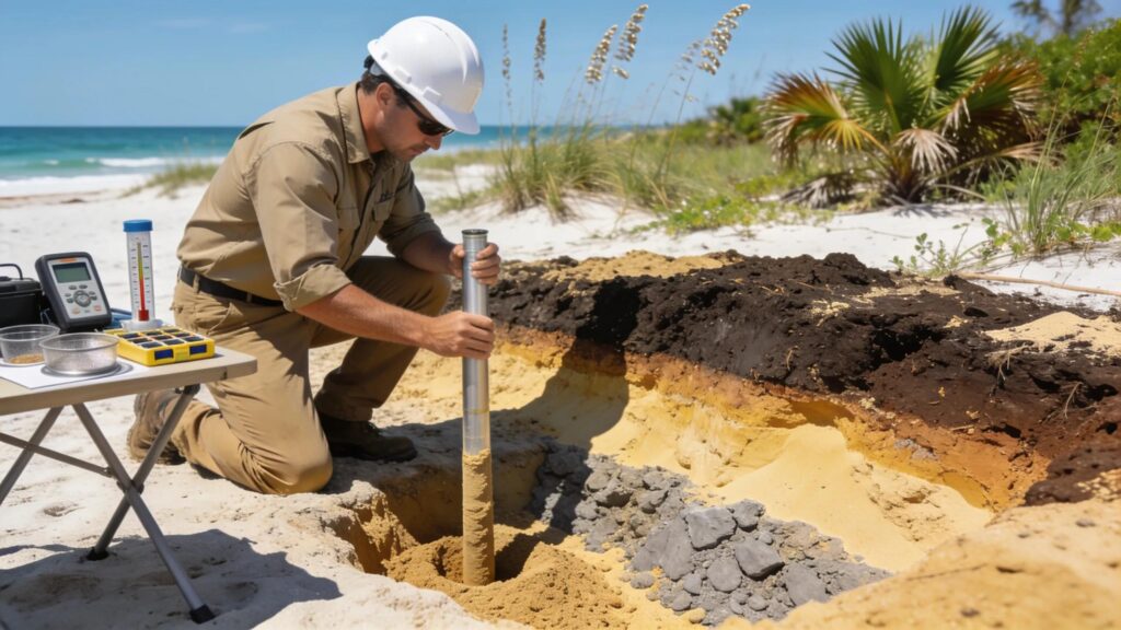 Geotechnical engineer testing soil types at a sandy coastal site in Florida for eco-friendly sand pool construction.