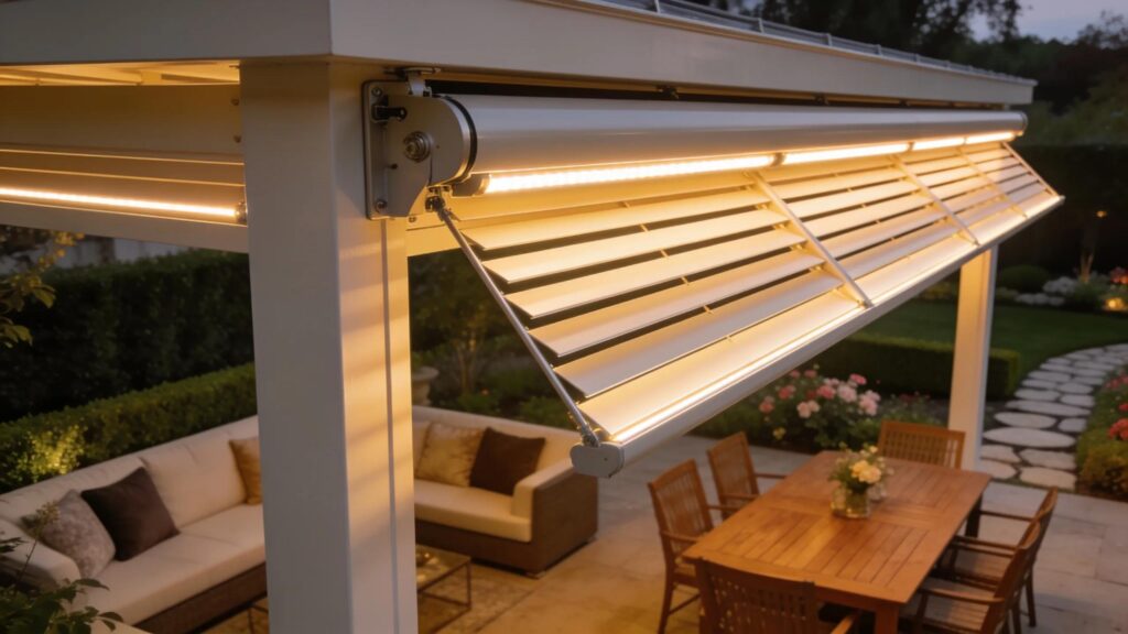 Motorized louvered pergola showcasing integrated LED lighting and adjustable louvers