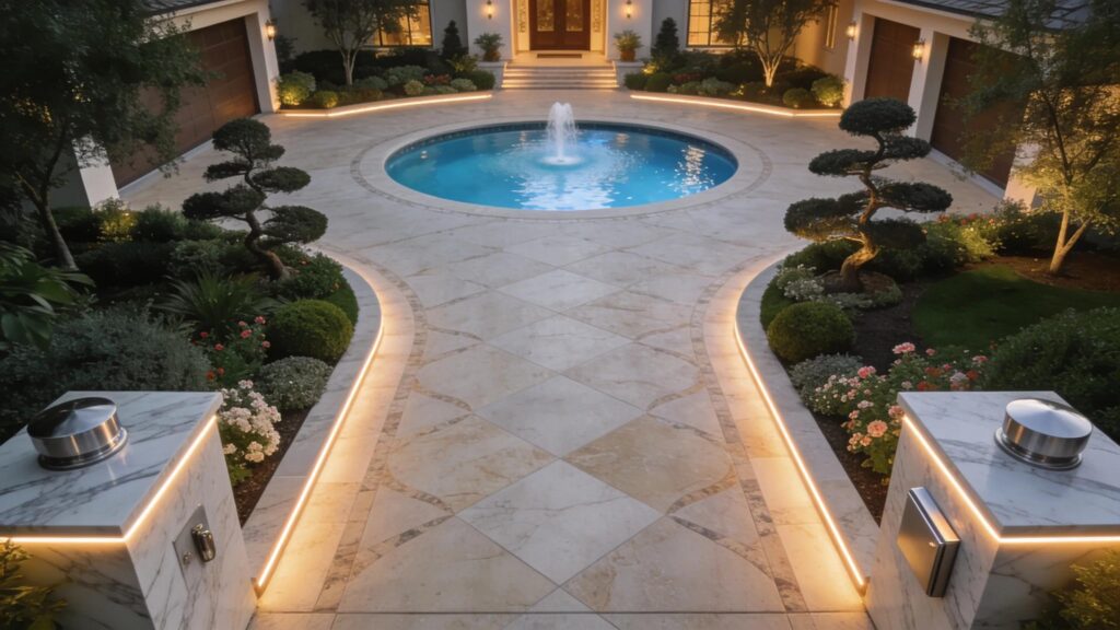 Elegant luxury driveway with custom lighting and landscaping features in a Florida setting