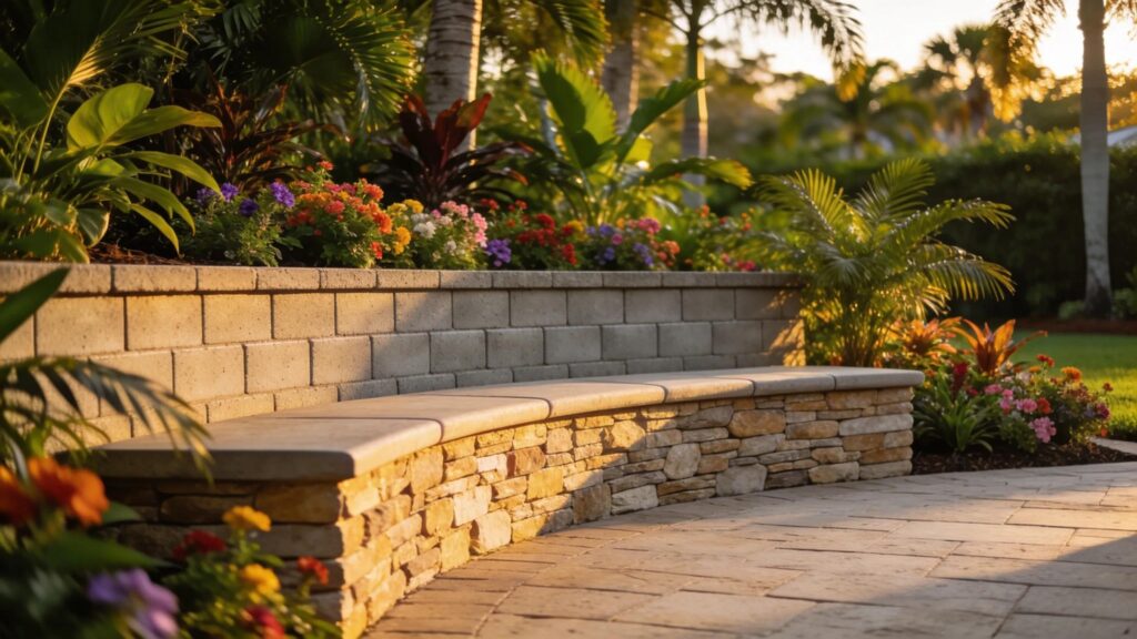 Concrete block retaining wall and natural stone veneer seating wall in a Florida backyard with vibrant landscaping