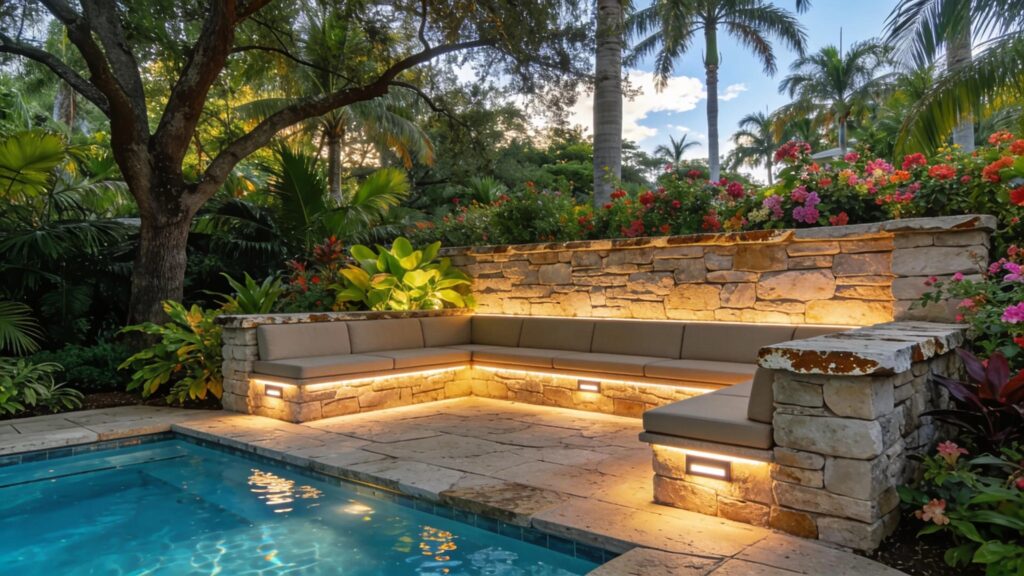 Custom natural stone veneer seating wall with integrated LED lighting in a luxurious Florida backyard