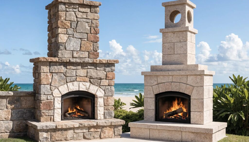Comparison of custom masonry fireplace and pre-fabricated modular fireplace kit in a Florida setting