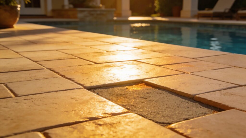 Close-up of heat-resistant paver driveway showcasing lighter colors and a contrasting concrete section in a luxurious outdoor setting