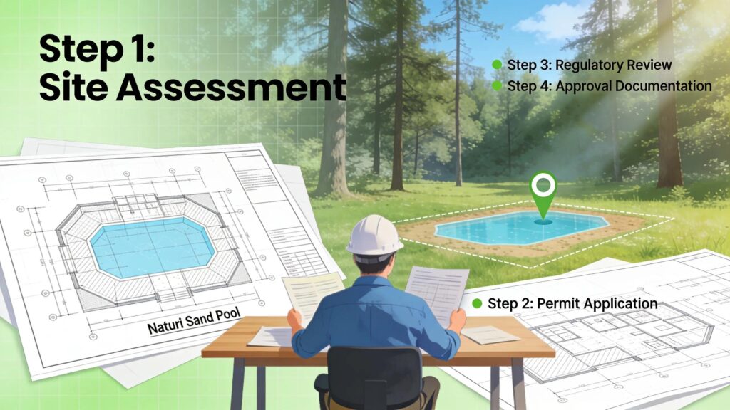 Contractor reviewing pool construction permits with Naturi Sand Pool design in the background