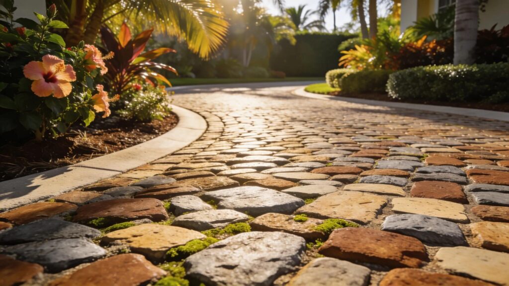 Charming cobblestone driveway in Florida highlighting durability in climate