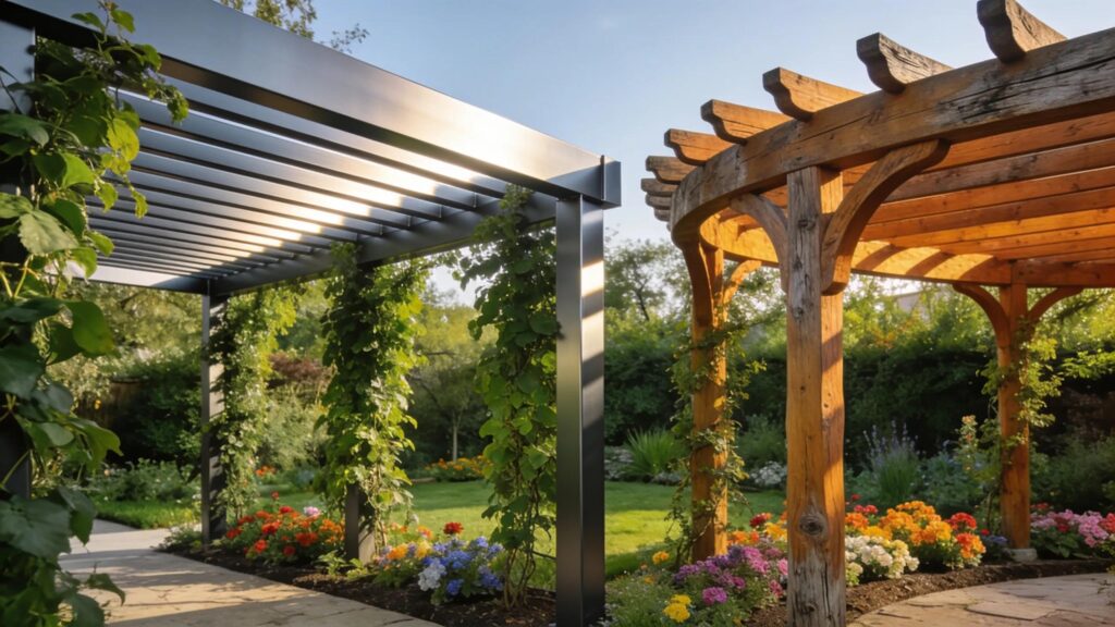 Comparison of aluminum and wood pergolas in a lush outdoor setting