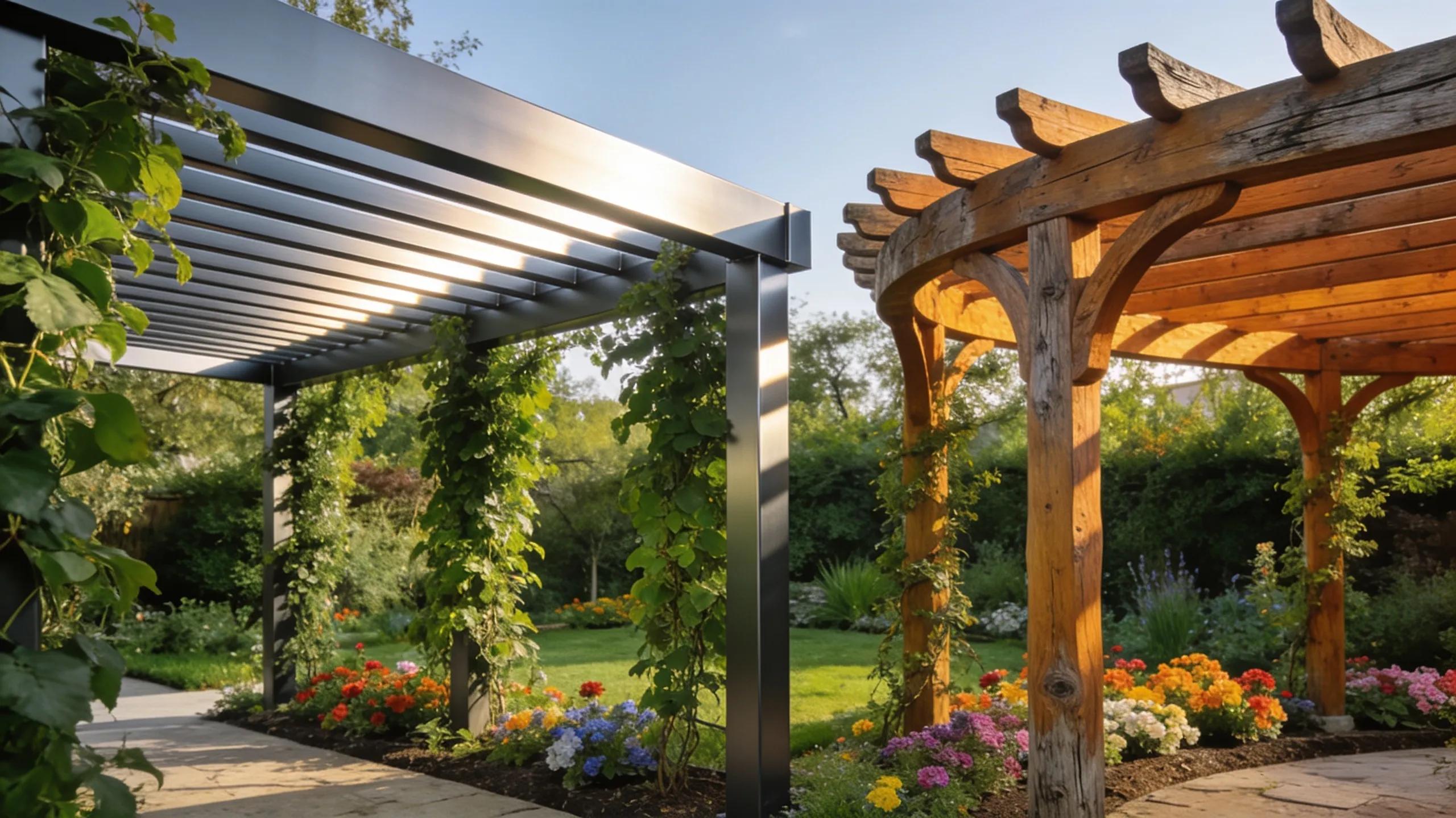 Comparison of aluminum and wood pergolas in a lush outdoor setting