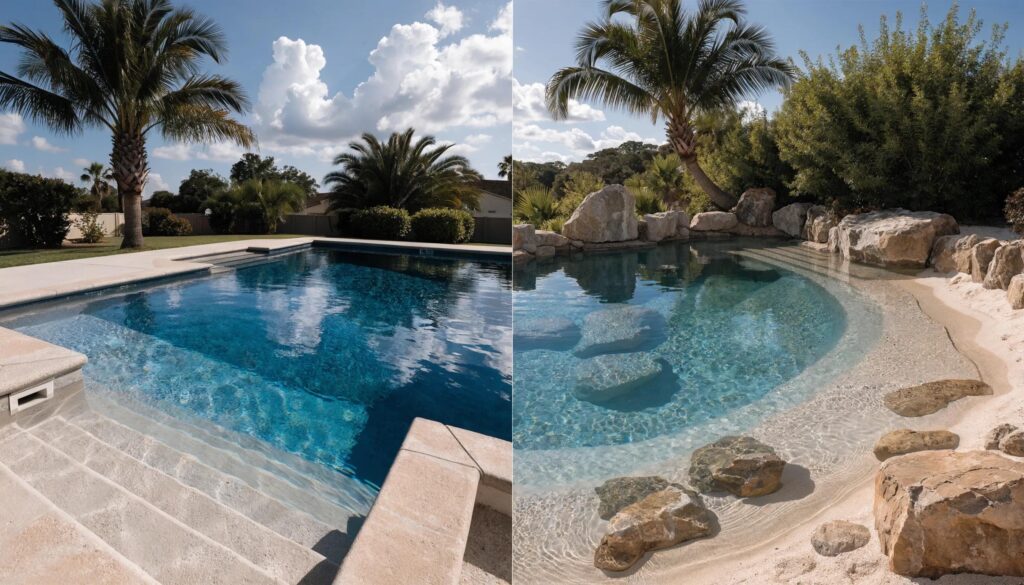 Comparative view of traditional pool steps alongside a biodesign beach entry pool illustrating differences in access and aesthetic appeal