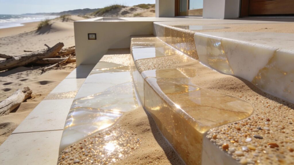 Close-up of poured natural quartz sand-matrix coping highlighting slip resistance and coastal adaptation