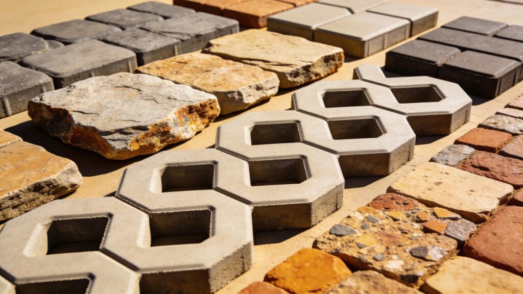 Diverse premium driveway paver materials including natural stone, architectural concrete, and recycled options