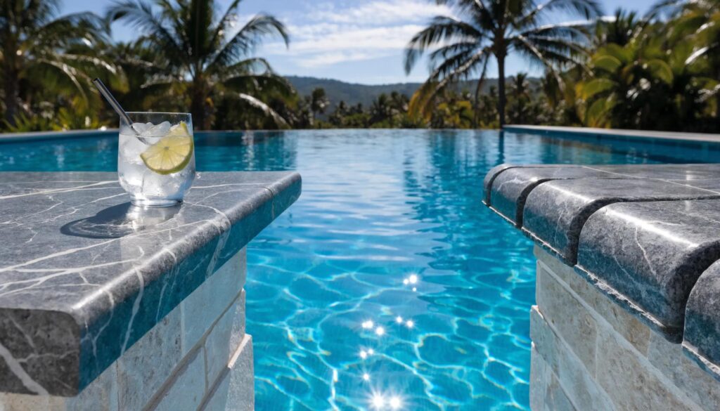 Comparison of cantilever and bullnose pool coping styles featuring distinct edge designs