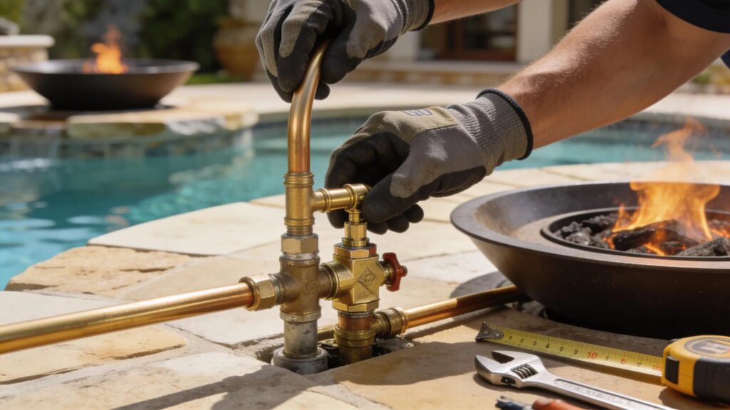 Technician installing gas plumbing with detailed view of safety valves and line sizing for fire bowls