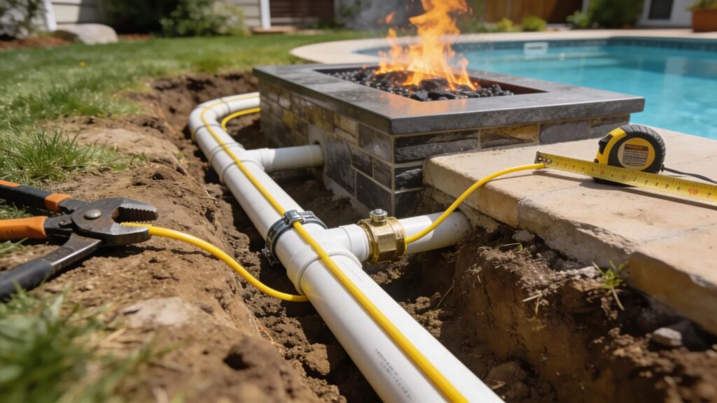 Properly installed underground gas lines with safety features for pool fire features