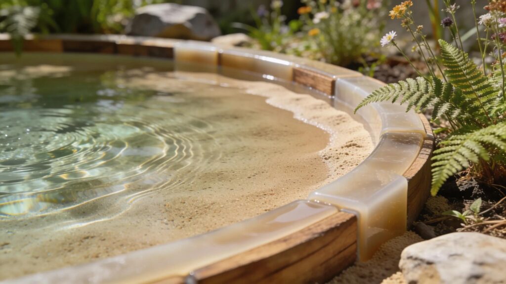 Close-up of a chemical-free Naturi pool highlighting natural water filtration and eco-friendly surroundings