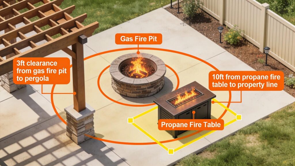 Outdoor fire features demonstrating safety clearance markers from structures like pergolas and property lines