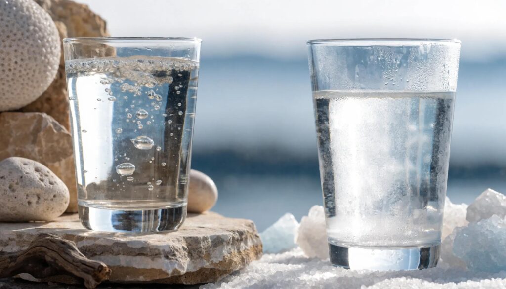 Comparison of water chemistry: crystal clear Naturi natural pool water vs. slightly cloudy saltwater pool water