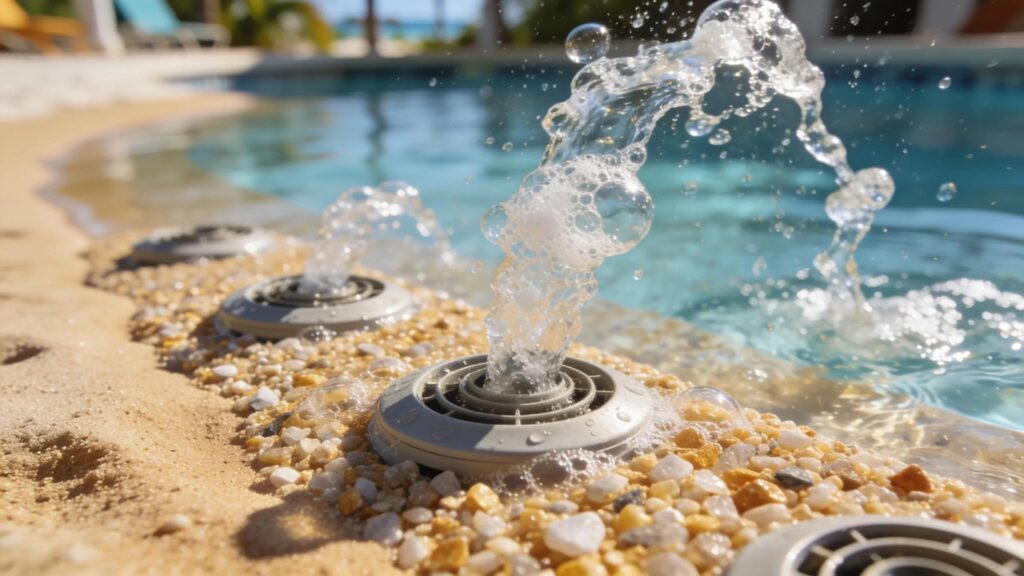 Close-up of an aeration system in beach-entry sand pool enhancing water quality and sustainability
