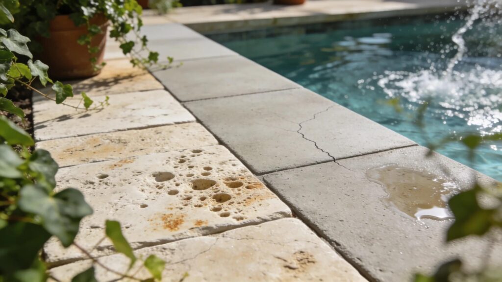Close-up comparison of travertine and concrete pavers demonstrating durability against pool chemicals and salt water
