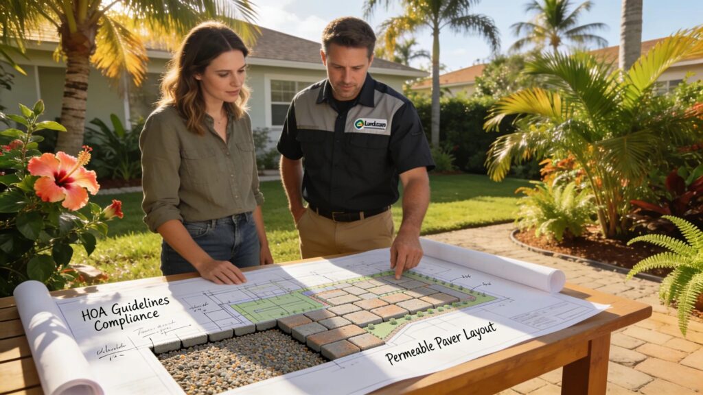 Homeowner discussing paver installation compliance with a landscaping expert in a Florida backyard