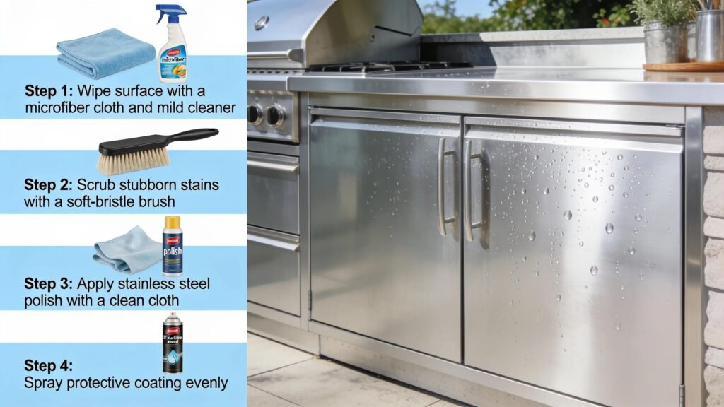 Visual guide on cleaning and maintaining stainless steel outdoor kitchen cabinets for optimal durability