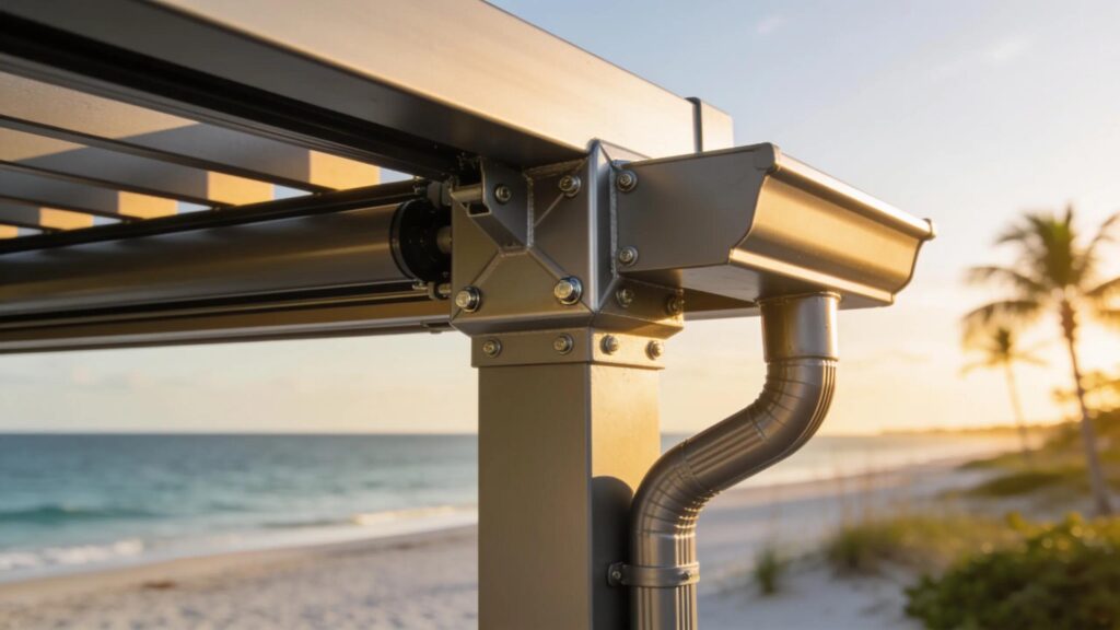 Close-up of 175 MPH hurricane-rated motorized pergola showcasing durable aluminum structure and engineering