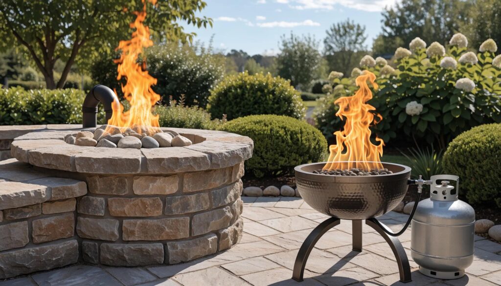 Comparison image of a custom gas fire pit with natural gas line and a propane fire table with LP tank in a backyard