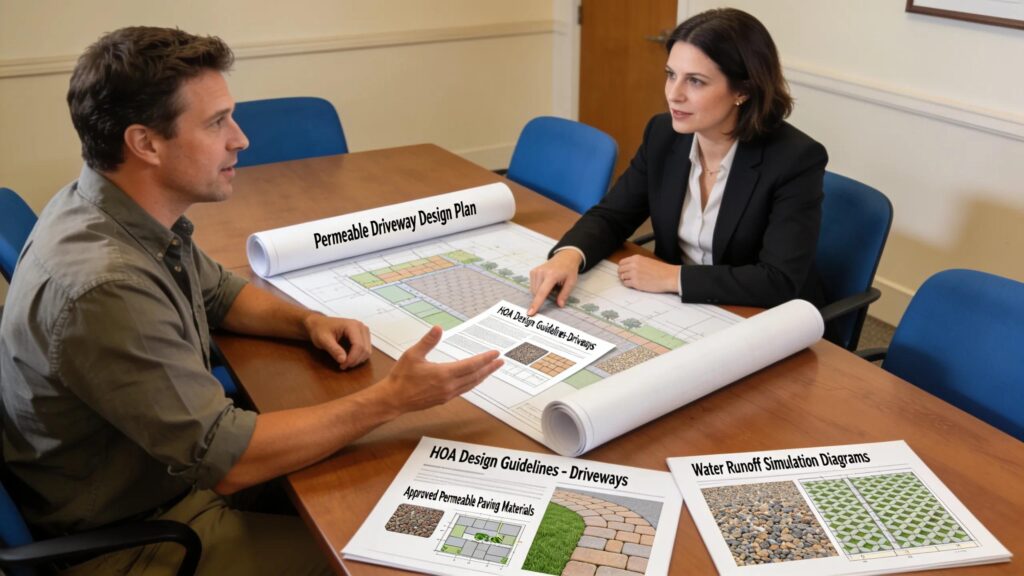 Homeowner presenting permeable driveway designs for HOA approval, emphasizing compliance and community standards