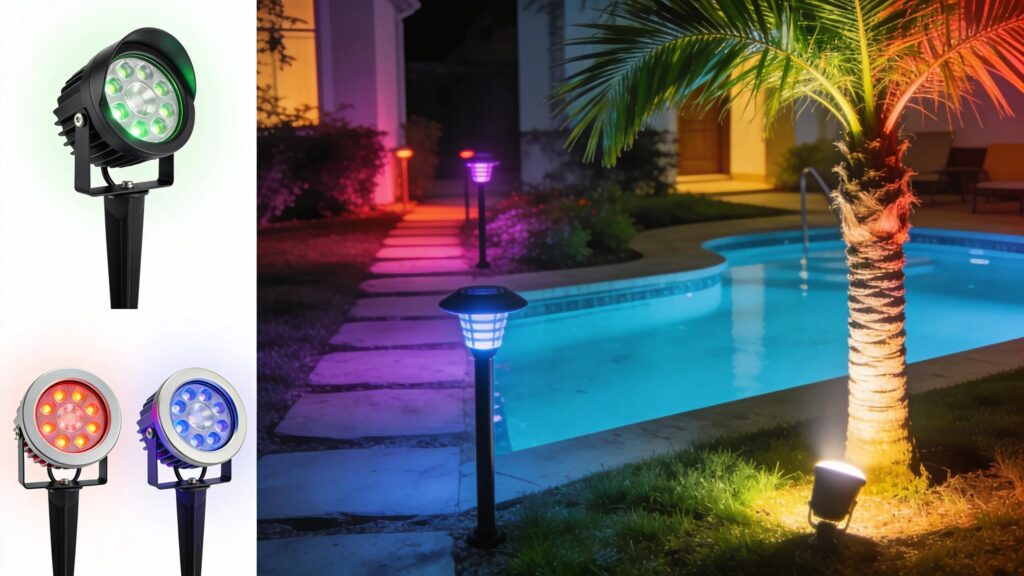 Color-tuning RGBW LED fixtures enhancing outdoor ambiance with dynamic lighting colors in a Florida landscape.