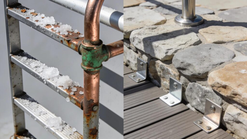Close-up of corrosion effects on saltwater pool equipment vs. corrosion-resistant materials in Naturi natural pools